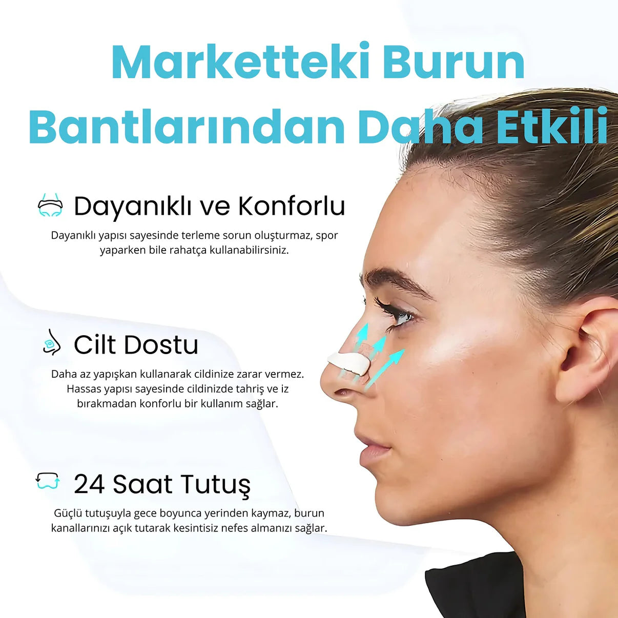 Magnose Manyetik Burun Bandı: dayanıklı, konforlu, cilt dostu ve 24 saat tutuş sağlayan etkili burun bandı.