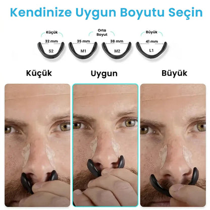 Magnose™ Manyetik Burun Bandı boyut seçenekleri; küçük, orta ve büyük. Kullanıcı yüzü ile ürün karşılaştırması.